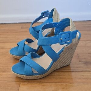 New Jessica Simpson Jamey Blue Leather Espadrille Wedge Platform Sandals Size 7B
